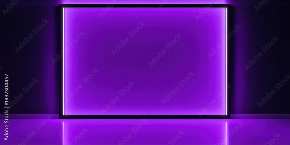 Fototapeta premium Dark room features glowing purple square frame. Reflective floor enhances neon light effect. Minimalist design, modern aesthetic.