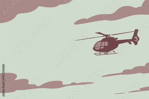Helicopter flying through cloudy sky with freedom and adventure, air travel concept
