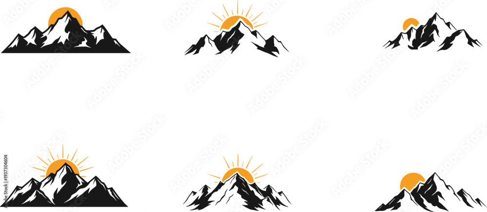 Naklejka premium Mountain peak silhouette with sun rise and sun set icons for outdoor travel brand identity, adventure sport design elements