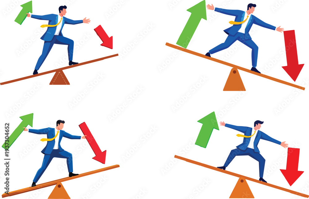 Fototapeta premium Balancing Act: Depicting a person navigating the challenges of market trends, the image showcases a person attempting to balance on a seesaw with opposing arrows.