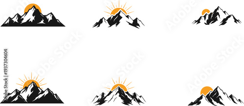 Mountain peak silhouette with sun rise and sun set icons for outdoor travel brand identity, adventure sport design elements