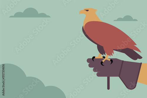 Majestic eagle perched on gloved hand with cloudy sky background, falconry wildlife concept