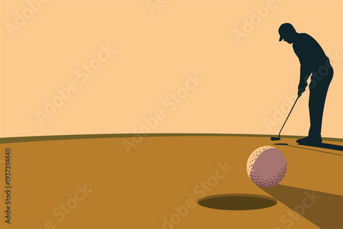 Golfer in focused stance preparing to putt on green course, golf sport concept