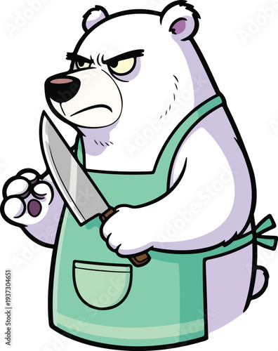 Polar Bear Chef's Culinary Challenge: An animated polar bear chef, donning an apron and wielding a knife, exudes a fierce look, ready to conquer the culinary world with his skills.