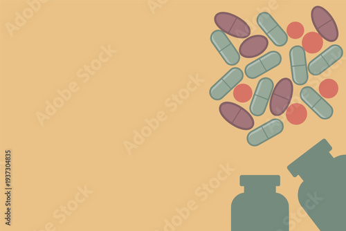 Colorful pills and capsules spilling from bottle, healthcare medicine concept