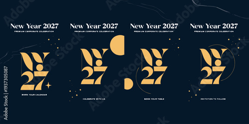 New Year 2027 Corporate Celebration – Modern Gold Abstract Designs for Posters, Branding, Invitations & Professional Event Promotions