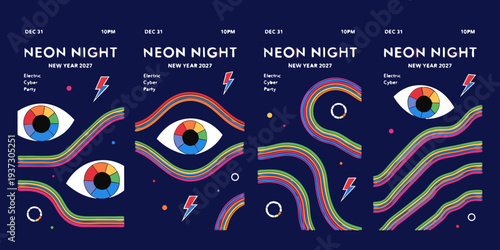 Neon Night Party Posters – Vibrant Abstract New Year Event Designs for Dance, Music & Light Celebrations