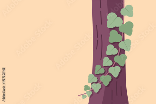 Vines climbing up a tree trunk with heart shaped leaves, natural growth concept