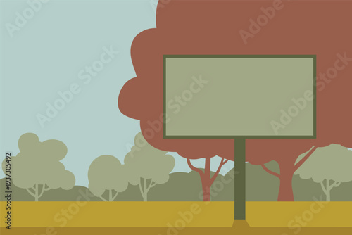 Blank billboard standing in front of autumn trees and green landscape, outdoor advertising concept