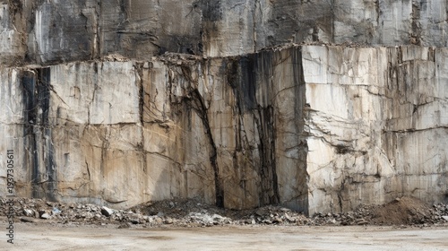 Massive stone quarry cliff with rough beige and grey textured surface