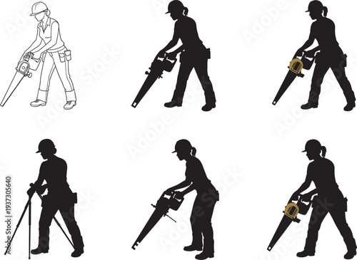 Black and white metal detector illustration, scanning ground, helmeted figure, detection poses, exploration activity, treasure hunting, search motion, outdoor equipment, hobby