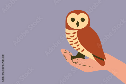 Person holding cute brown owl in their hand, wildlife handling concept