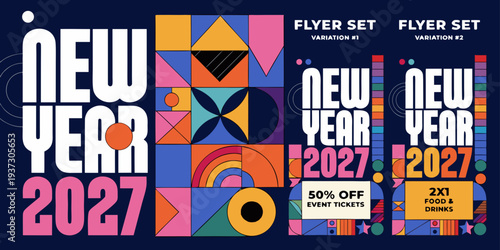 New Year 2027 Flyer Set – Bold Geometric Designs with Vibrant Shapes, Modern Typography, Event Promotions & Festive Celebration Graphics