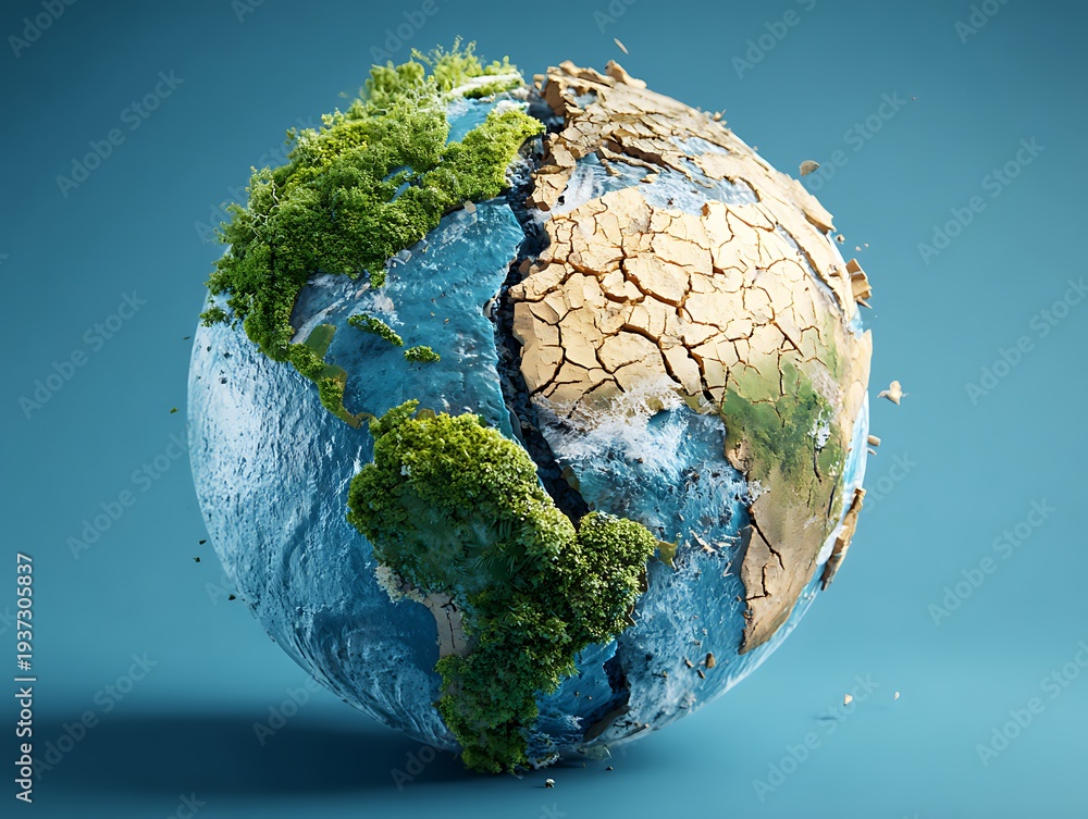 Fototapeta premium A split earth globe showing lush forest versus dry cracked desert, symbolizing climate change, environmental tipping point, and ecological survival.
