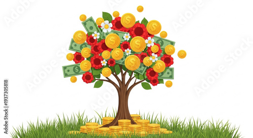 Vibrant illustration of a tree bearing golden coins treasures and piggy bank symbolizing wealth growth