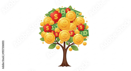 Cartoon illustration of a tree with dollar sign coins and red foliage symbolizing riches and abundance