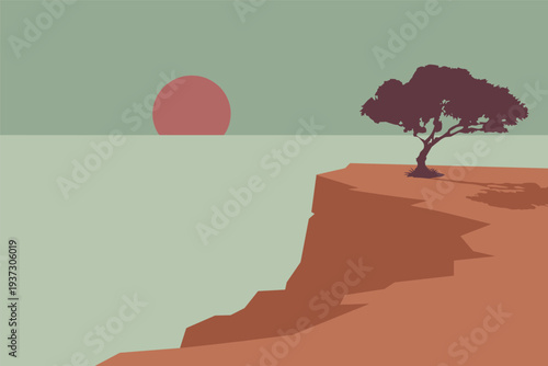 Serene landscape with tree on cliff at sunset, dramatic nature concept