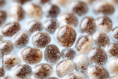 Close-up of soaked chia seeds in water, highlighting their gelatinous coating, nutritional benefits, and versatile culinary applications for a healthy diet.