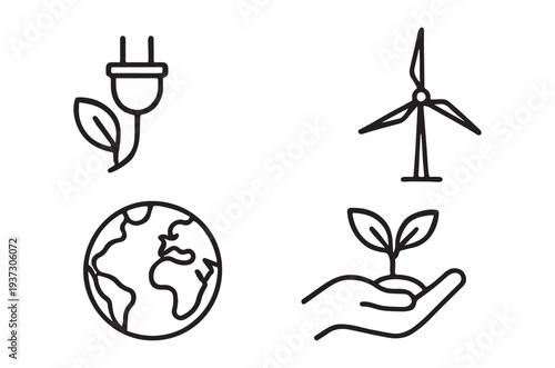Renewable energy sources and environmental sustainability icons displayed together