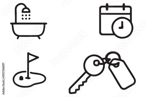 Simple black and white line icons depicting bath calendar golf and keys