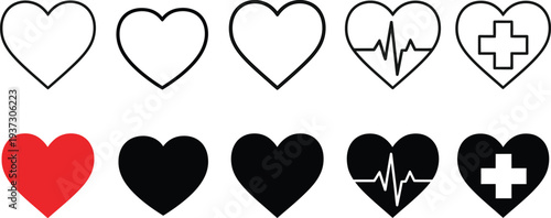 Collection of heart symbols with medical themes
