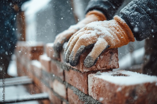Construction worker laying bricks in snowy weather with snow-covered gloved hands