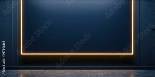 Dark room features rectangular illuminated border. Minimalist design, modern aesthetic, dramatic lighting creates focus. Empty space dominates composition.