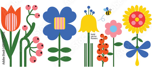 Bold Flowers. Vector naive isolated spring and summer floral illustrations on a transparent background in folk style for icons, stickers, print and design..