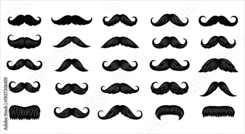 A collection of various black mustache shapes arranged in a grid pattern