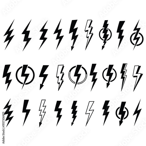 A collection of black lightning bolt and electrical symbol illustrations on a white background