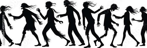 Zombie silhouette collection illustration, spooky undead walking characters horror monster figures for Halloween design and creepy artwork