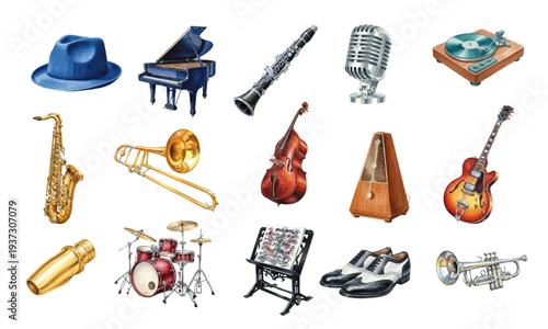 Watercolor jazz instruments and musical elements set