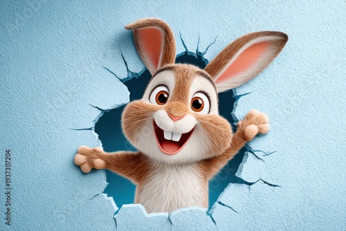 Cute cartoon rabbit popping through a broken blue wall with a happy, surprised expression