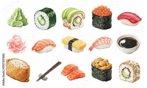 Watercolor sushi set for International Sushi Day