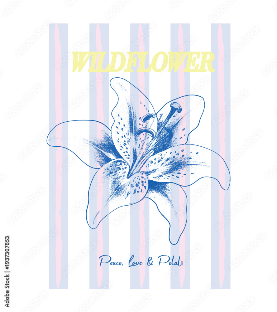 Fototapeta premium Girl's women's tee tops Summer tropical flower artwork , Typography Slogan wildflower text. pink blue stripe background with hot pink floral. 