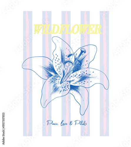 Girl's women's tee tops Summer tropical flower artwork , Typography Slogan  wildflower text. pink blue stripe background with hot pink floral. 