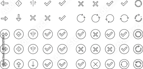 Arrow check cross refresh navigation line icons set for user interface controls minimal modern outline vector collection
