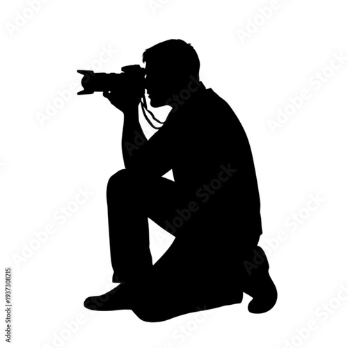Man holding a camera and taking photo isolated on transparent background.