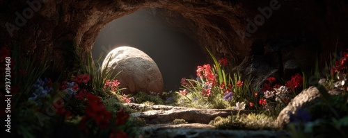 Empty tomb at sunrise with the stone rolled away and flowers in a garden cave