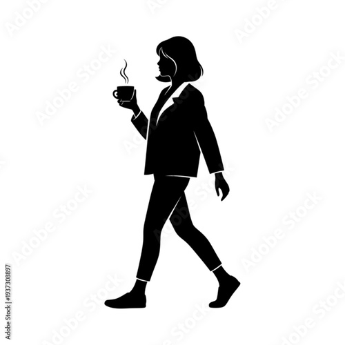Businesswoman walking with coffee cup isolated on transparent background.
