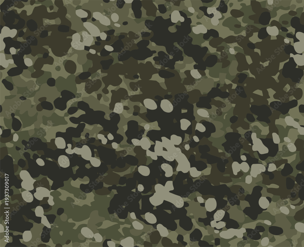 Fototapeta premium Full Seamless dense camouflage pattern built with organic shapes. Khaki green military style print creates a strong background for fabric. Designed for uniforms, clothing, and tactical textile use.