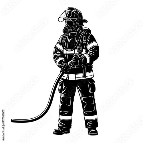Firefighter wearing protective gear and helmet isolated on transparent background.
