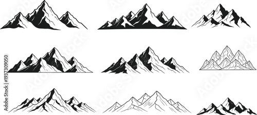 Mountain peaks, rocky hill ranges, outdoor adventure, alpine climbing, nature summits, landscape sketches, travel exploration, wild wilderness, minimalist hand drawn.