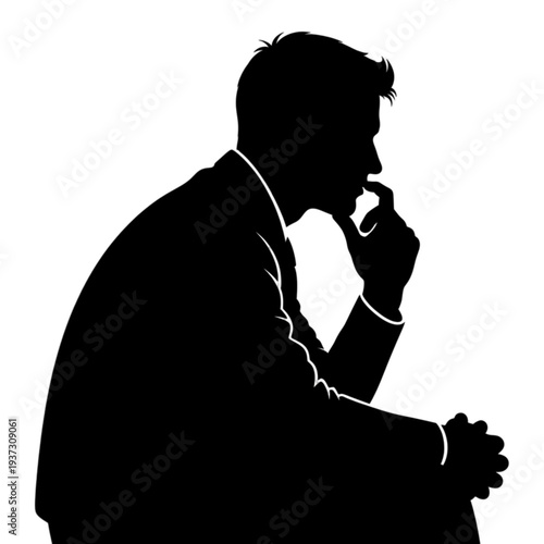 Man in suit thinking deeply alone isolated on transparent background.