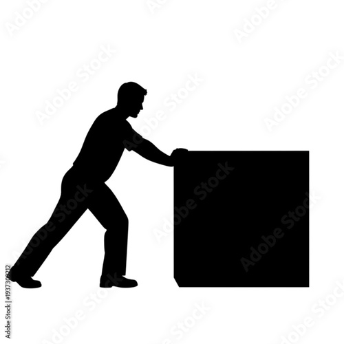 Man pushing large heavy box object isolated on transparent background.