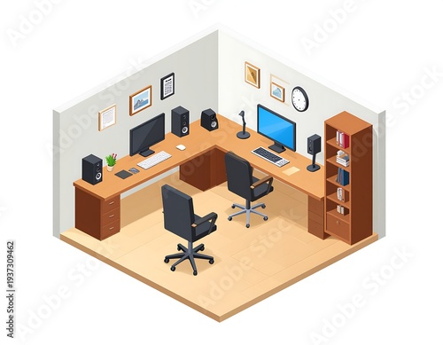 Isometric workspace setup with dual desks, computers, speakers, chairs, bookcase, and wall decor