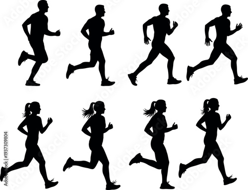 Silhouette of multiple runners in various poses