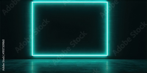 Dark room features glowing square frame. Minimalist design, bright turquoise light contrasts against black walls, floor. Modern aesthetic.