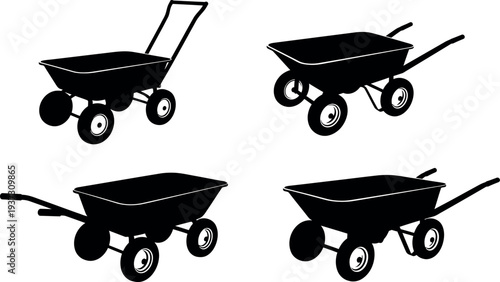 Four black wheelbarrows with varying handle positions on white background