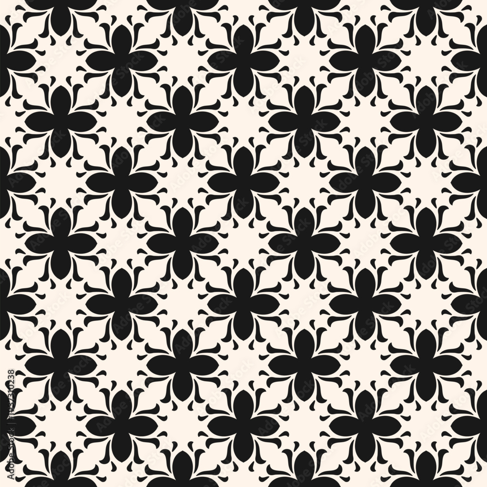 Fototapeta premium Abstract vector geometric floral ornament. Simple elegant seamless pattern with flower mosaic elements, leaves, foliage, grid. Black and white repeating background texture with gothic mediaeval motifs